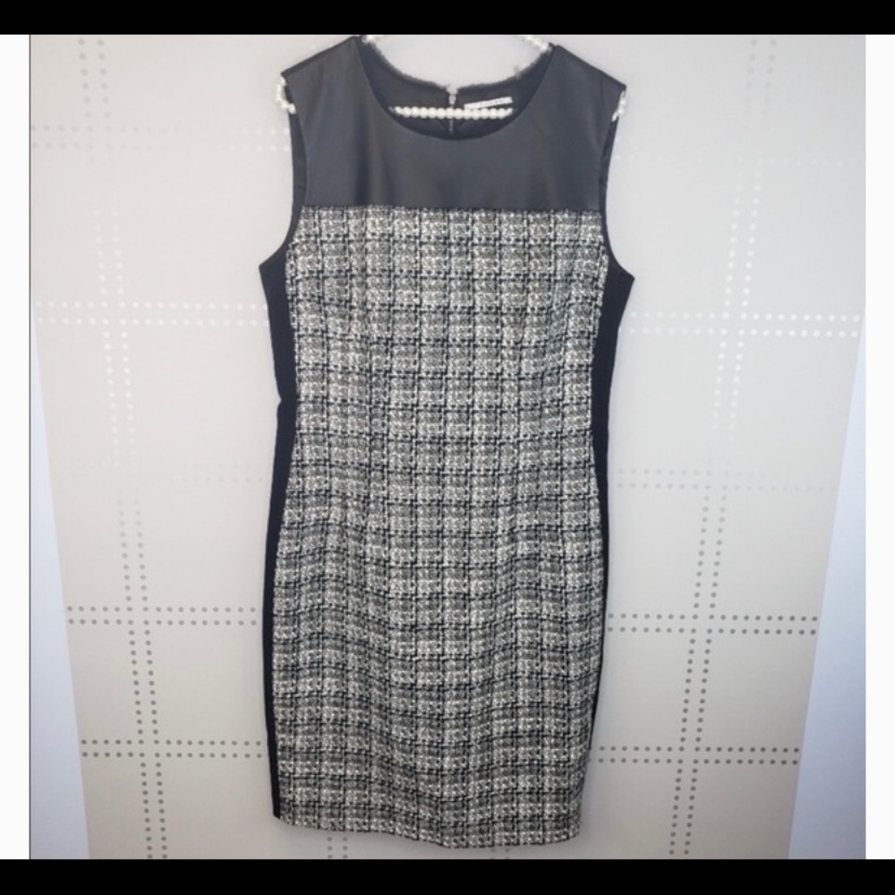 T Tahari grey knit and faux leather dress